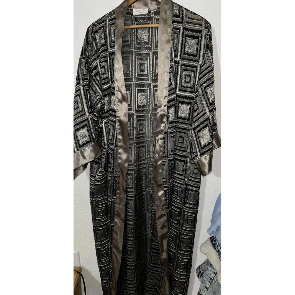 Vintage Judith Hart Geometric Squares Kimono Robe Y2K Sleepwear Sz 8 Blk Silvr
